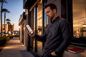 Owner reviewing local search results outside storefront